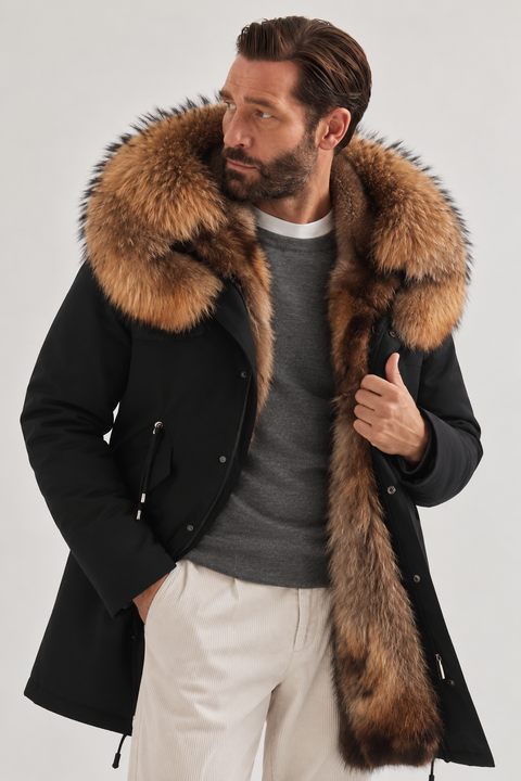 Parka da uomo nero foderato in pelliccia