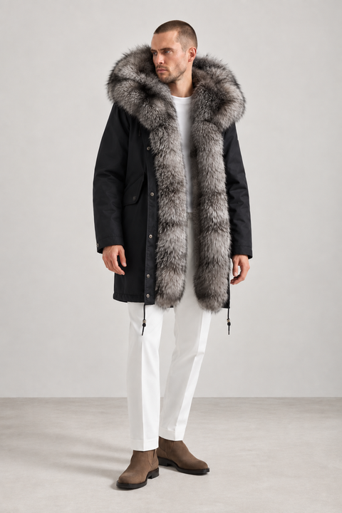 Parka da uomo con fodera in pelliccia di volpe argentata