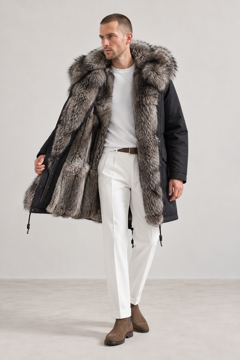 Parka da uomo con fodera in pelliccia di volpe argentata