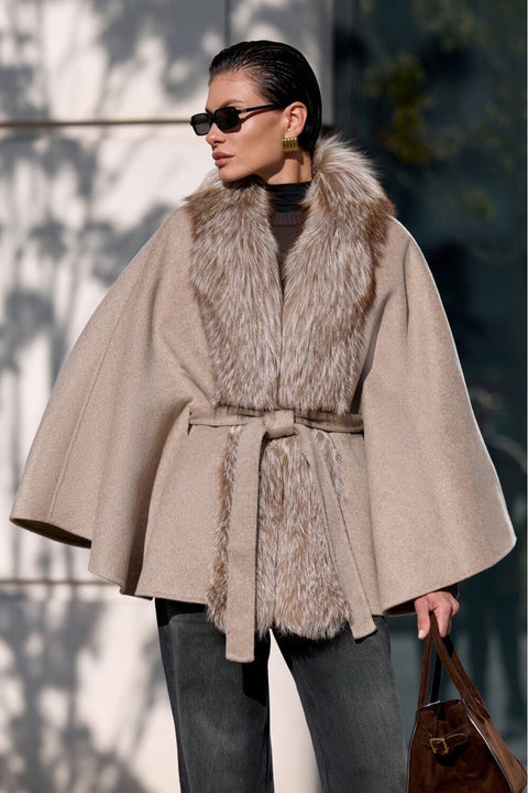 Wool-Blend Cape with Fur