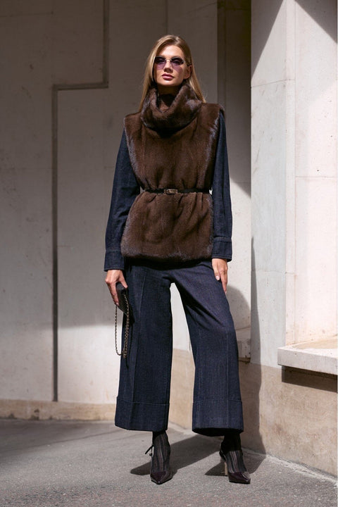 Brown Mink Vest With Collar