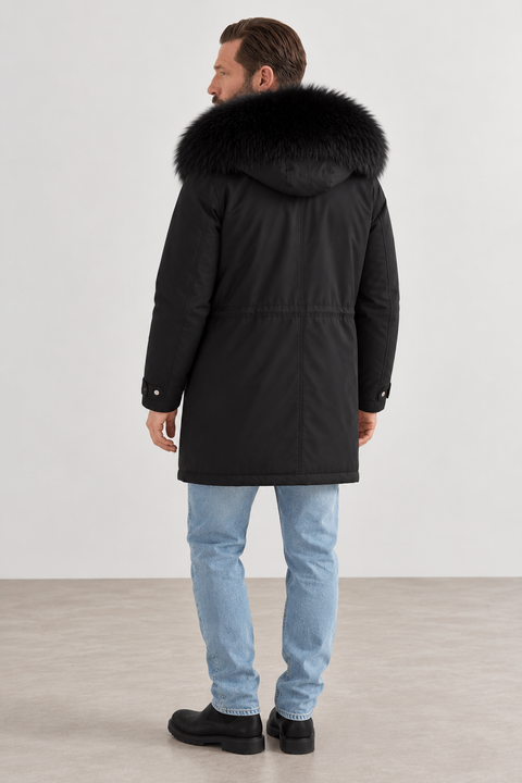 Parka masculina preta com forro de pelo
