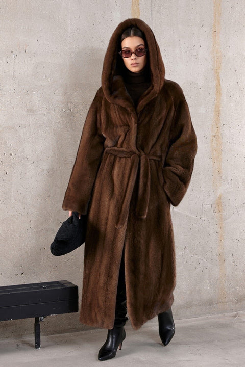 Hooded Long Brown Mink Fur Coat