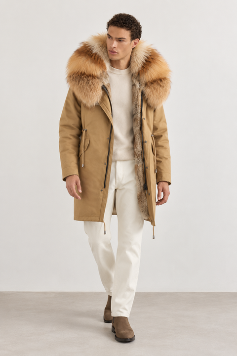 Parka negra de piel forrada para hombre