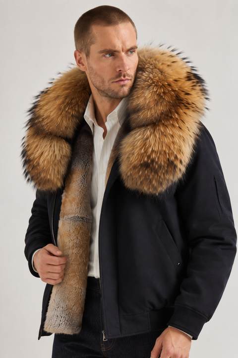 Parka da uomo nero foderato in pelliccia