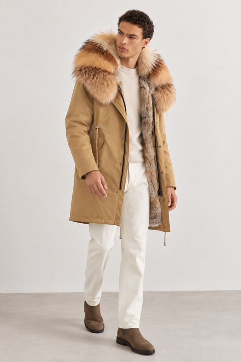 Parka negra de piel forrada para hombre
