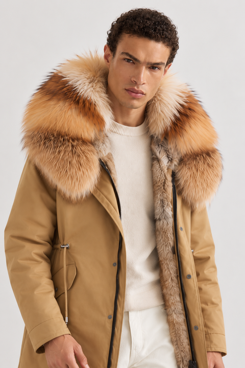Parka negra de piel forrada para hombre