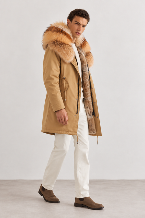 Parka negra de piel forrada para hombre