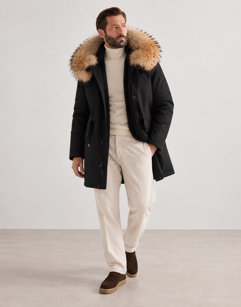 Parka da uomo nero foderato in pelliccia