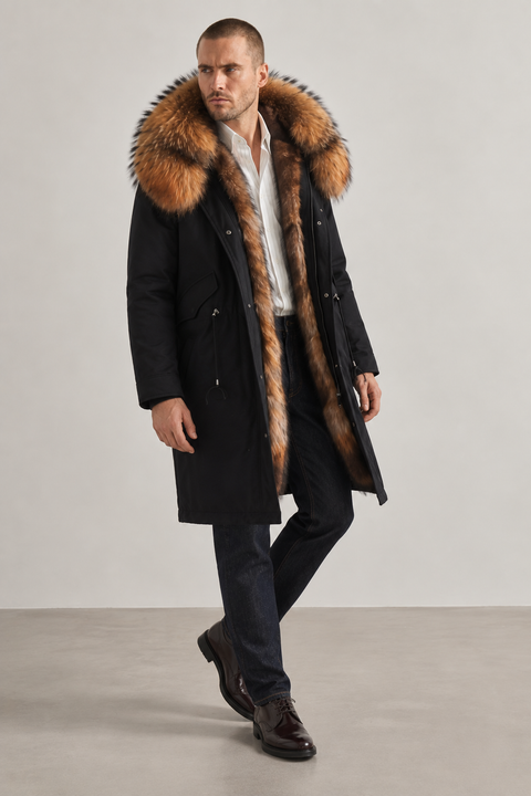 Parka midi negra de piel de zorro para hombre