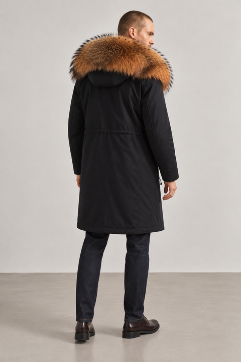 Parka midi negra de piel de zorro para hombre