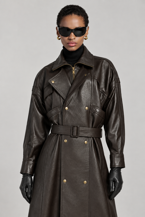 Long trench-coat en cuir véritable