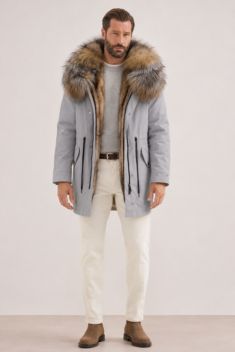 Grøn parka med pelsfor til mænd