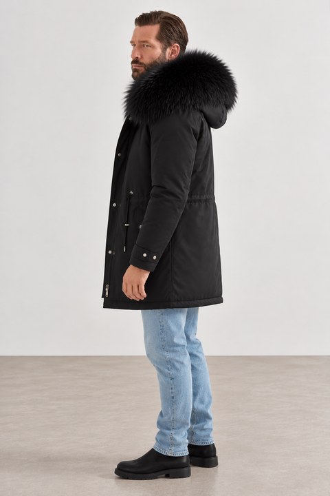 Parka masculina preta com forro de pelo