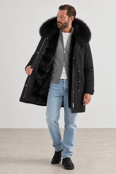 Parka masculina preta com forro de pelo
