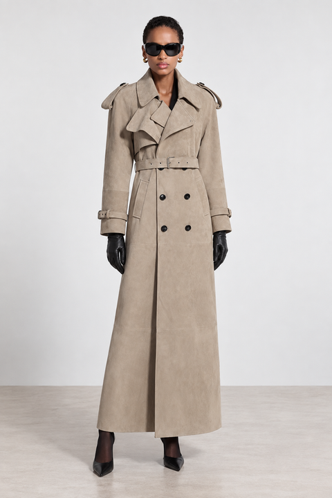 Gabardina auténtica de cuero de ante marrón