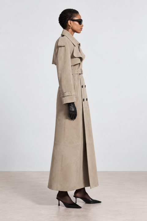 Gabardina auténtica de cuero de ante marrón