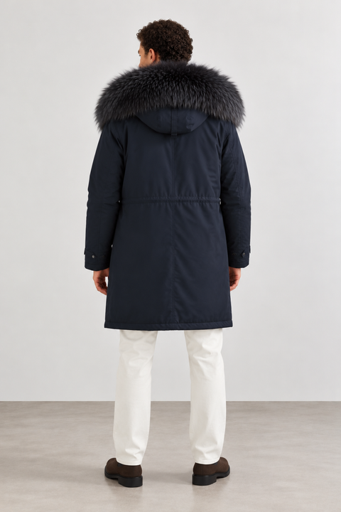 Midi-parka til mænd i sort rævepels