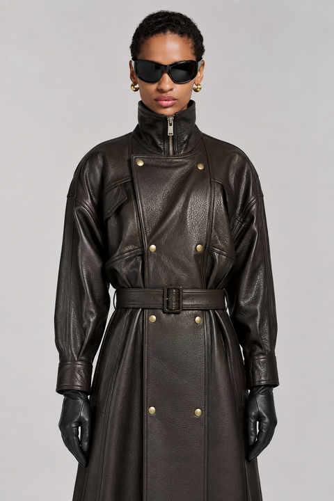 Long trench-coat en cuir véritable