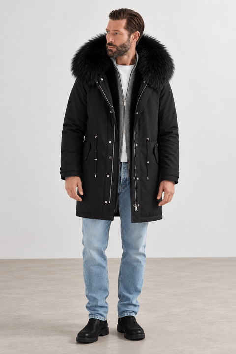 Parka masculina preta com forro de pelo