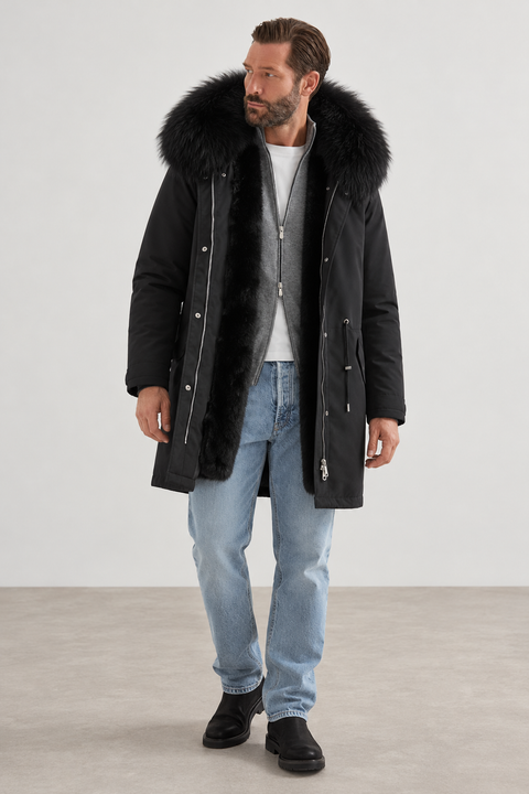 Parka masculina preta com forro de pelo
