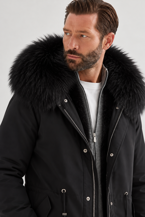 Parka masculina preta com forro de pelo