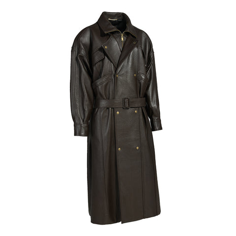 Long trench-coat en cuir véritable