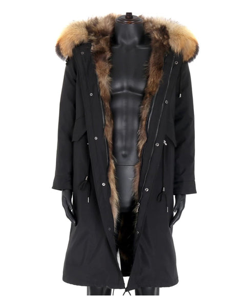 Men midi black parka crafted from luxurious fox fur, featuring a tailored fit and functional design